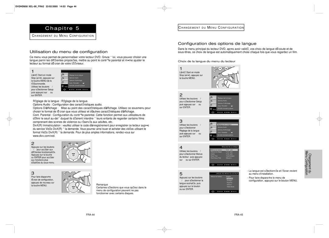 Samsung DVD-HD850/XEL manual Utilisation du menu de configuration, Configuration des options de langue 