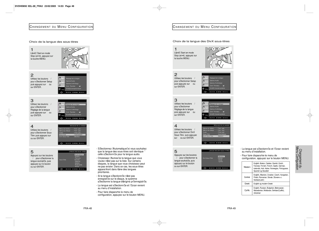 Samsung DVD-HD850/XEL manual Changement du Configuration, Choix de la langue des sous-titres 