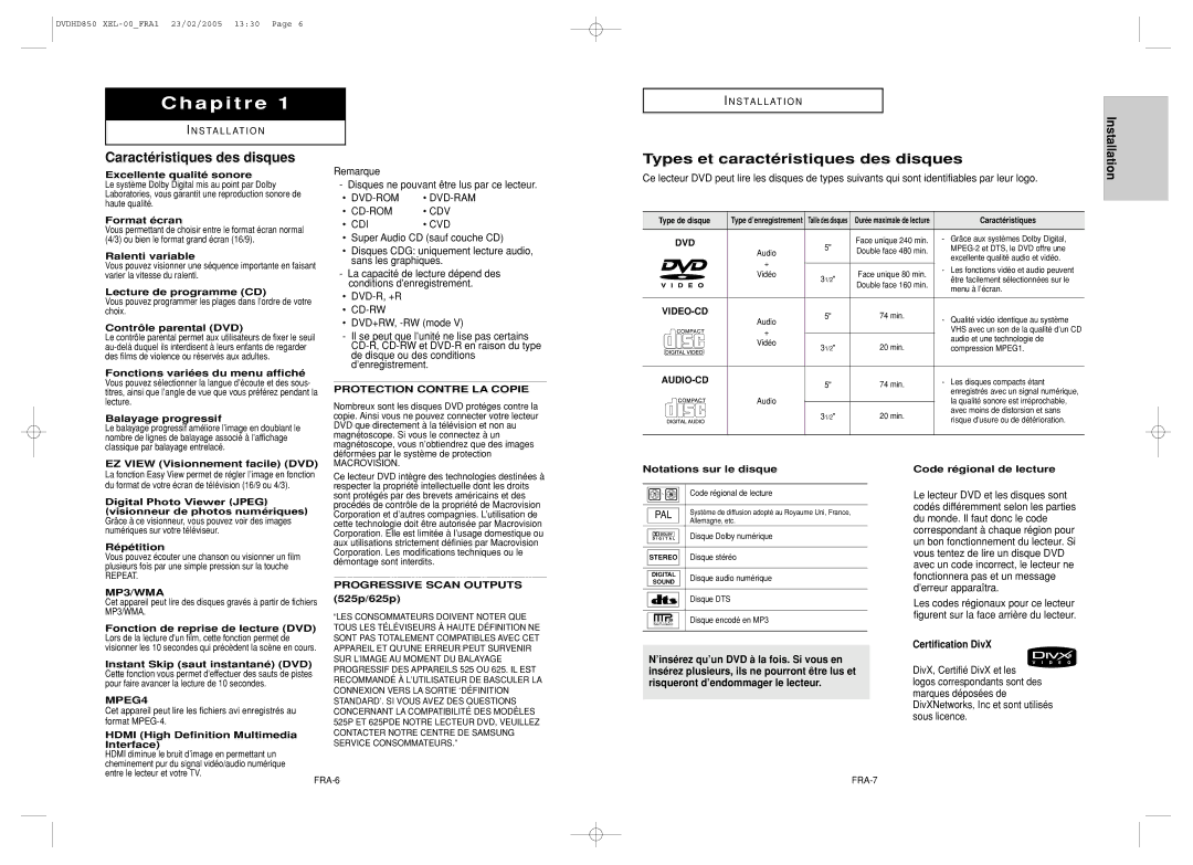 Samsung DVD-HD850/XEL manual Caractéristiques des disques, Types et caractéristiques des disques, Installation 