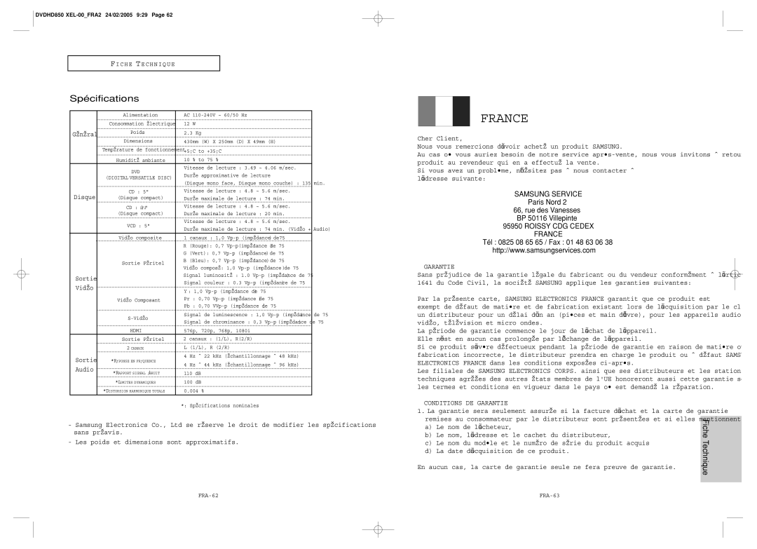 Samsung DVD-HD850/XEL manual Spécifications, Paris Nord, Tél 0825 08 65 65 / Fax 01 48 63 06 