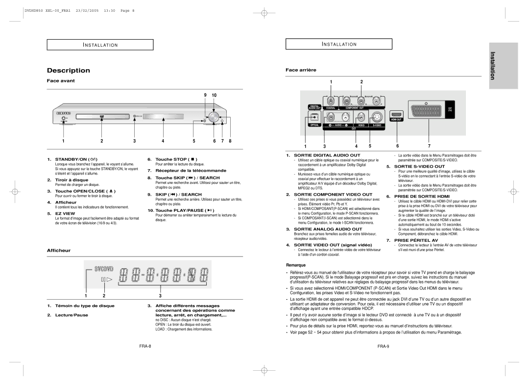 Samsung DVD-HD850/XEL manual Description, Face avant, Face arrière, Afficheur, Remarque 