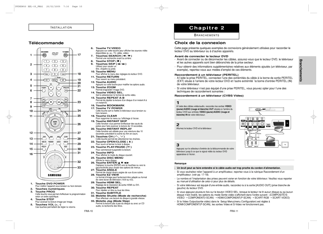 Samsung DVD-HD850/XEL manual Télécommande, Choix de la connexion, Branchements 