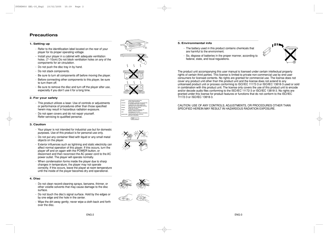 Samsung DVD-HD850/XEL manual Precautions, Setting up, For your safety, Disc, Environmental info 