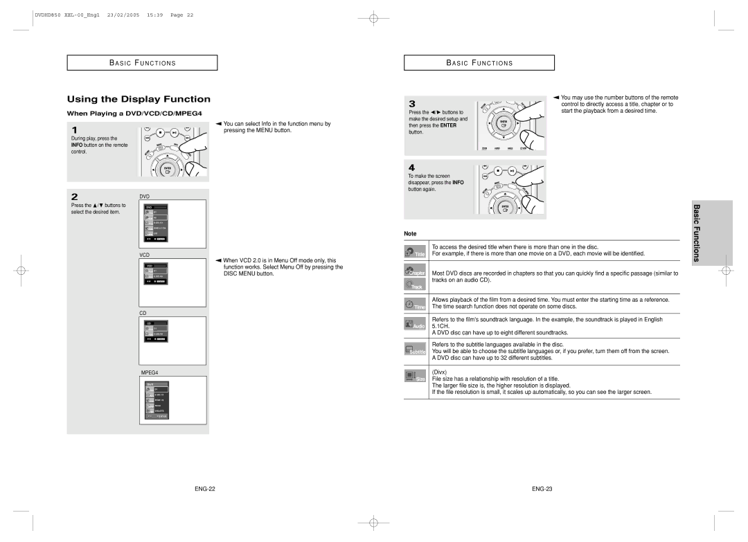 Samsung DVD-HD850/XEL manual Using the Display Function, When Playing a DVD/VCD/CD/MPEG4 