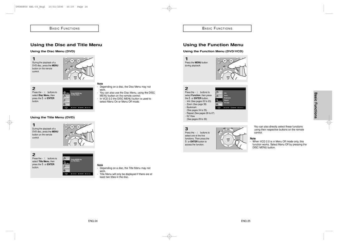 Samsung DVD-HD850/XEL manual Using the Disc and Title Menu, Using the Function Menu, Using the Disc Menu DVD 