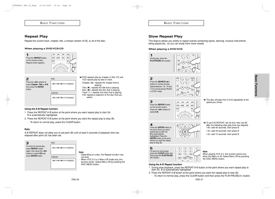 Samsung DVD-HD850/XEL manual Slow Repeat Play, Using the A-B Repeat function, Is automatically highlighted 