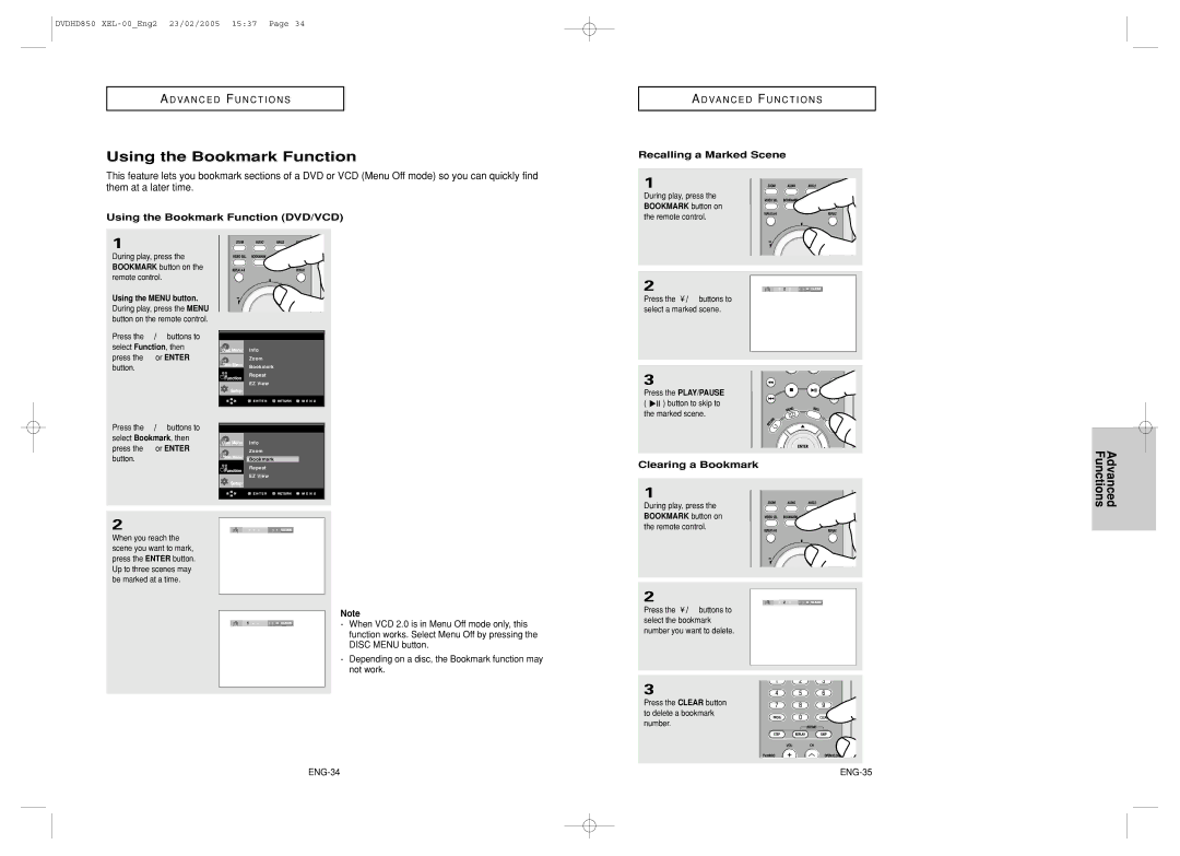 Samsung DVD-HD850/XEL manual Using the Bookmark Function DVD/VCD, Recalling a Marked Scene, Clearing a Bookmark, ENG-34 