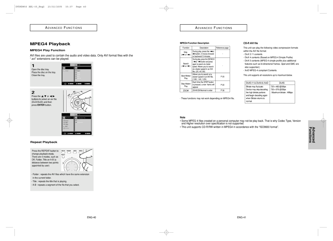 Samsung DVD-HD850/XEL manual MPEG4 Playback, MPEG4 Play Function, CD-R AVI file, Repeat Playback, ENG-40 