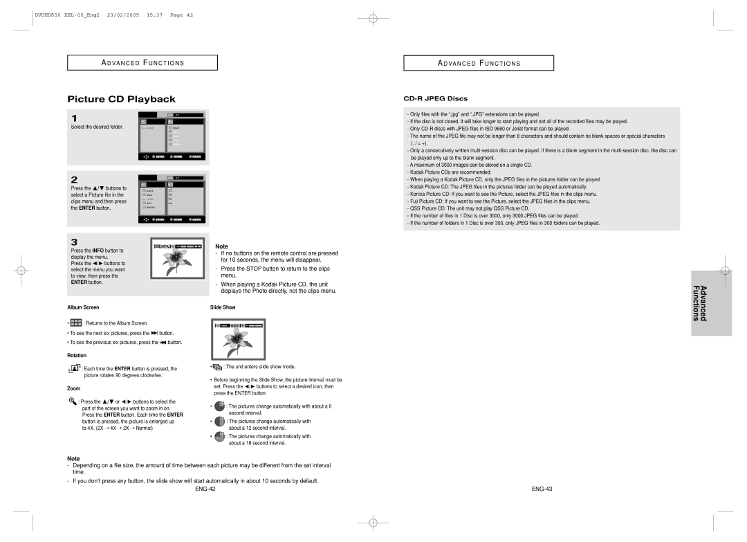 Samsung DVD-HD850/XEL Picture CD Playback, CD-R Jpeg Discs, Press the Stop button to return to the clips menu, ENG-43 