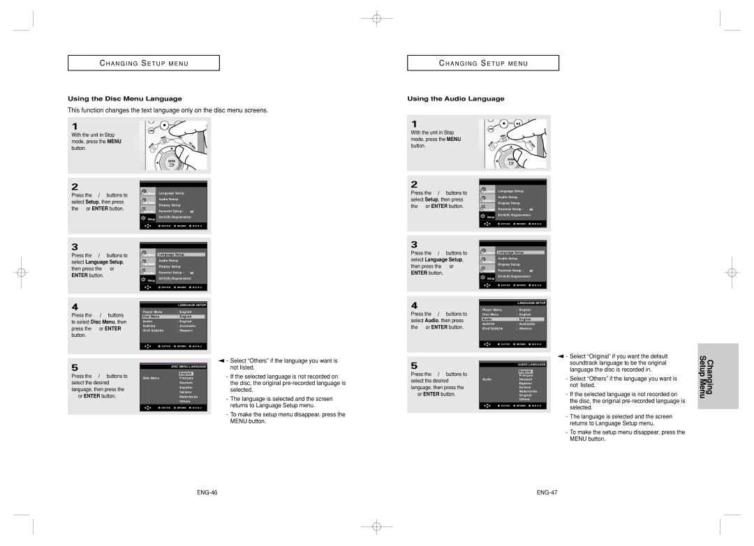 Samsung DVD-HD850/XEL manual Changing Setup Menu, Using the Disc Menu Language, Using the Audio Language, ENG-46 