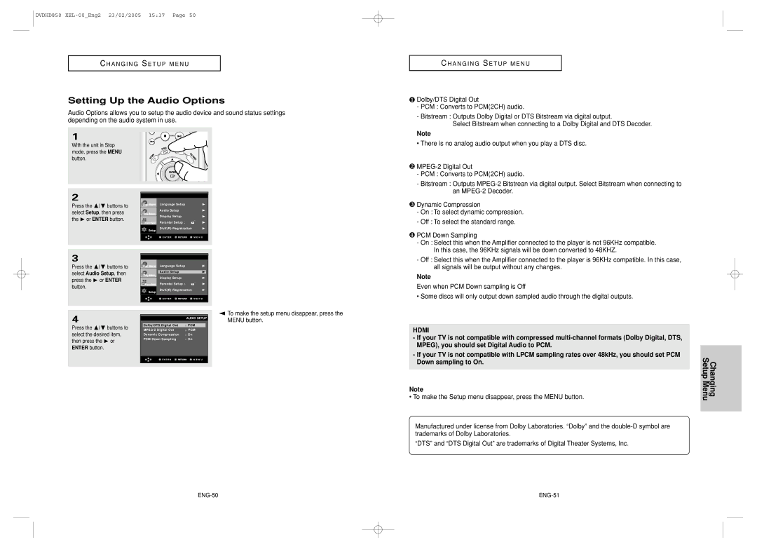 Samsung DVD-HD850/XEL manual Setting Up the Audio Options, All signals will be output without any changes, ENG-50, ENG-51 