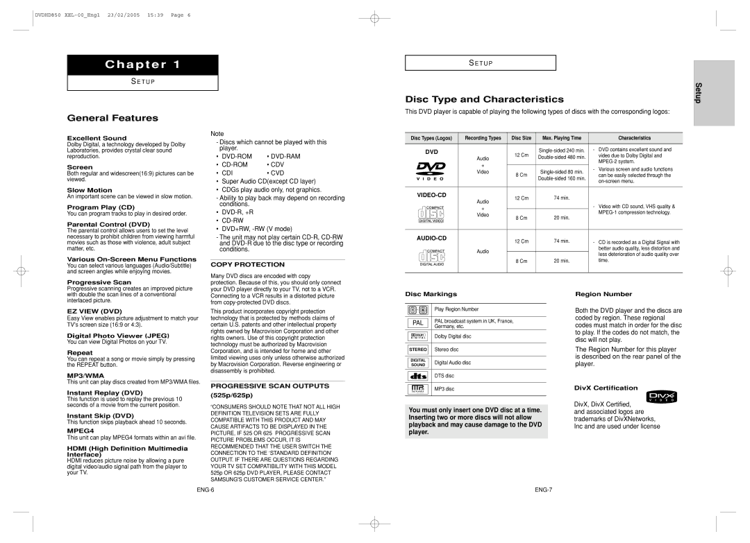 Samsung DVD-HD850/XEL manual Disc Type and Characteristics, General Features, Setup 