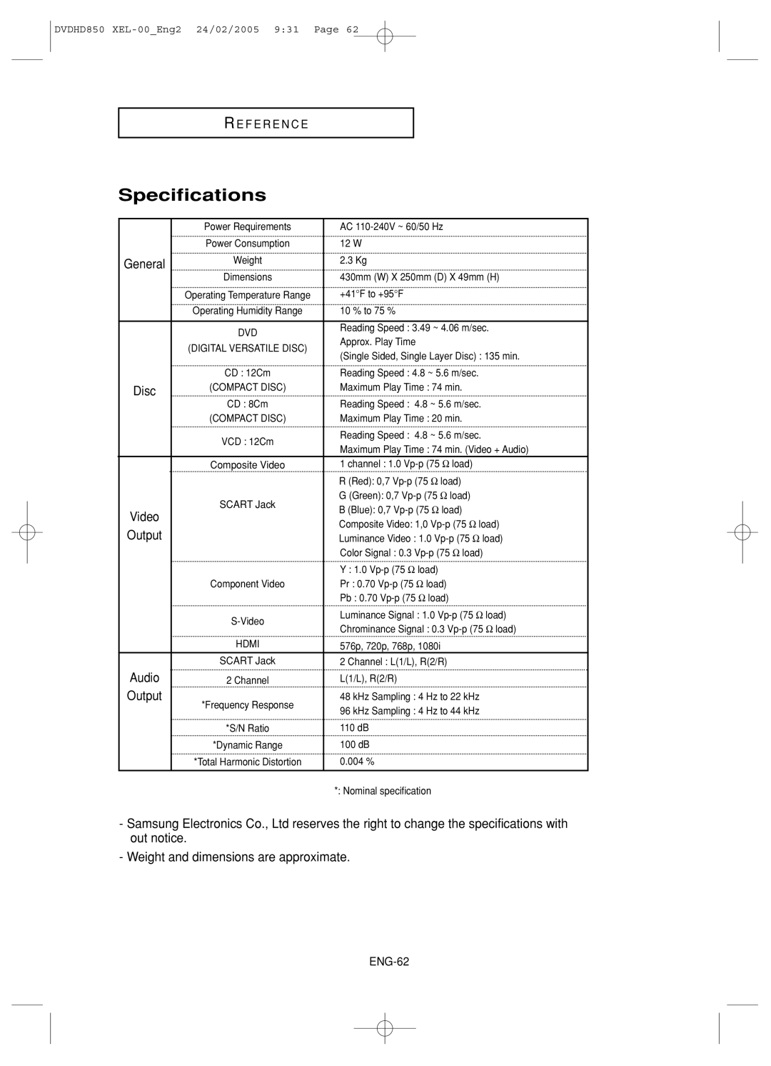 Samsung DVD-HD850/XEL manual Specifications, Weight and dimensions are approximate 