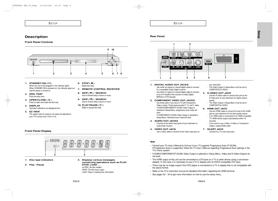 Samsung DVD-HD850/XEL manual Description, Front Panel Controls, Rear Panel, Front Panel Display 