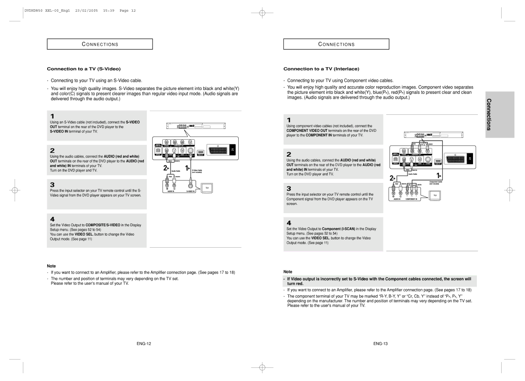 Samsung DVD-HD850/XEL manual Connection to a TV S-Video, Connection to a TV Interlace, ENG-12, ENG-13 