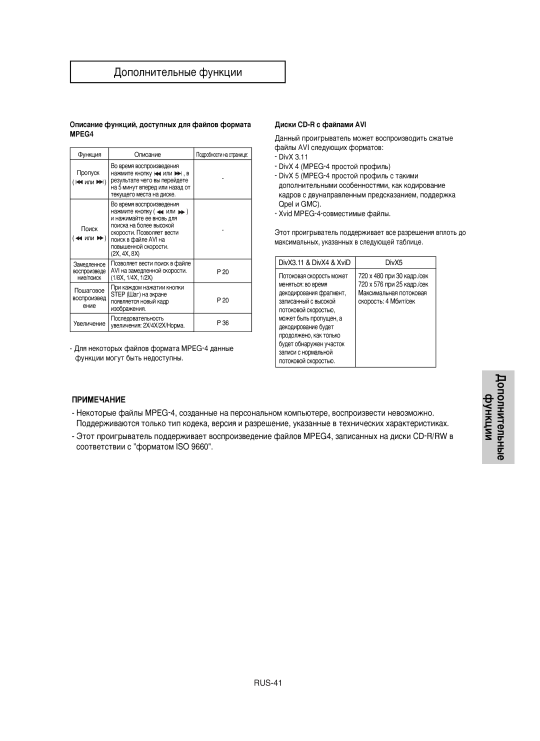 Samsung DVD-HD850/XEV manual OÔËcaÌËe ÙyÌÍˆËÈ, ‰ocÚyÔÌ˚x ‰Îﬂ ÙaÈÎo‚ ÙopÏaÚa MPEG4, ÑËcÍË CD-R c ÙaÈÎaÏË AVI 