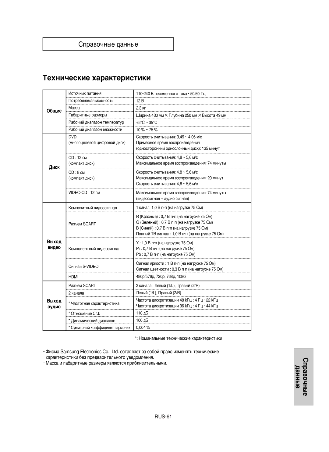 Samsung DVD-HD850/XEV manual ÍÂıÌË˜ÂÒÍËÂ ı‡‡ÍÚÂËÒÚËÍË, ·˘Ëâ, Ñëòí, ‡ÒÒ‡ Ë „‡·‡ËÚÌ˚Â ‡ÁÏÂ˚ ﬂ‚Îﬂ˛ÚÒﬂ ÔË·ÎËÁËÚÂÎ¸Ì˚ÏË 