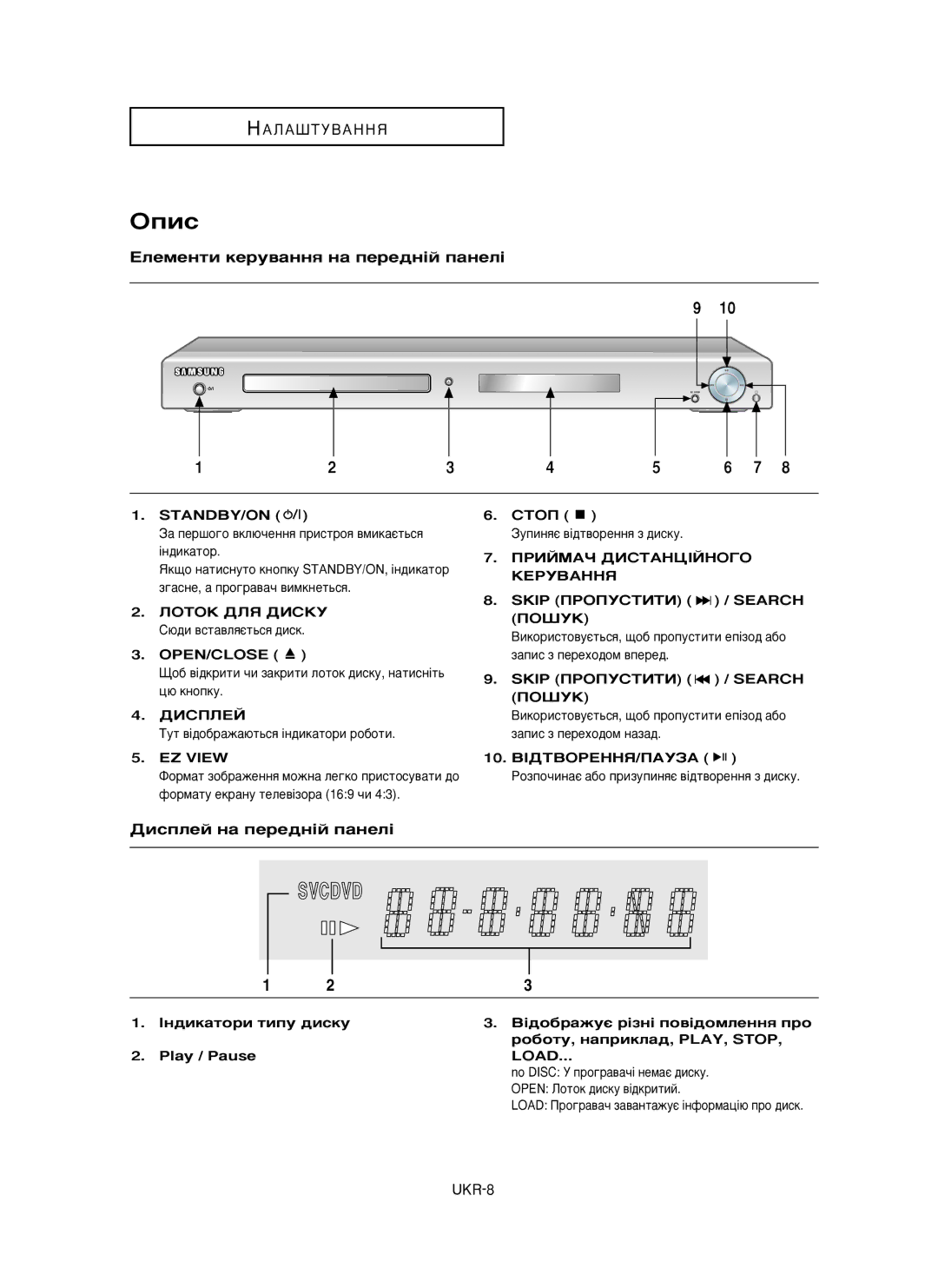 Samsung DVD-HD850/XEV manual Éôëò, Öîâïâìúë ÍÂÛ‚‡ÌÌﬂ Ì‡ ÔÂÂ‰Ì¥È Ô‡ÌÂÎ¥, UKR-8 