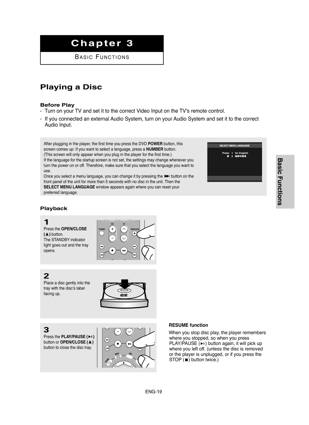 Samsung DVD-HD850/XSV manual Playing a Disc, Before Play, Playback, Resume function 