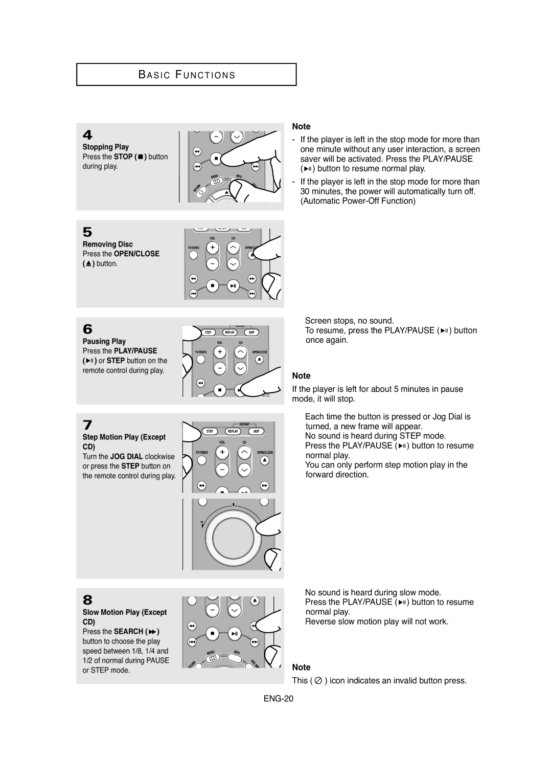 Samsung DVD-HD850/XSV manual Stopping Play, Removing Disc, Pausing Play, Step Motion Play Except CD 