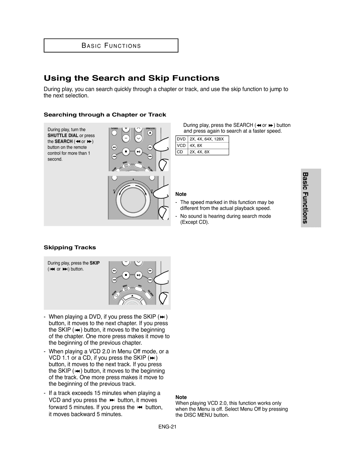 Samsung DVD-HD850/XSV manual Using the Search and Skip Functions, Searching through a Chapter or Track, Skipping Tracks 