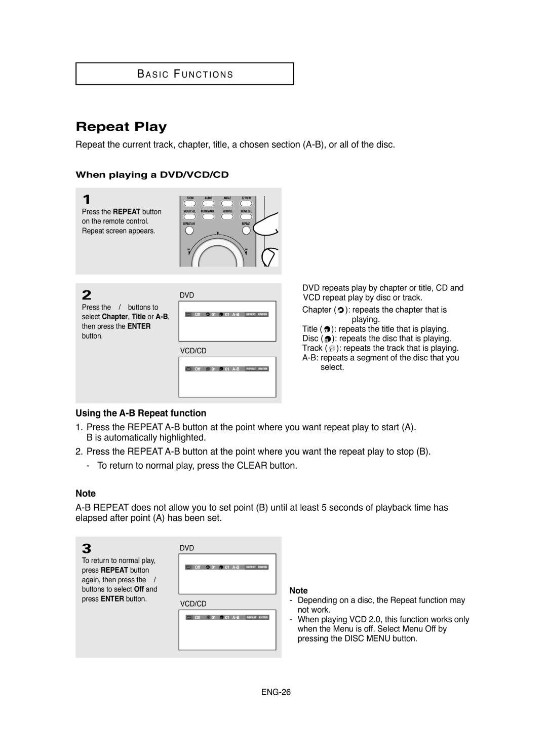 Samsung DVD-HD850/XSV manual Repeat Play, When playing a DVD/VCD/CD 