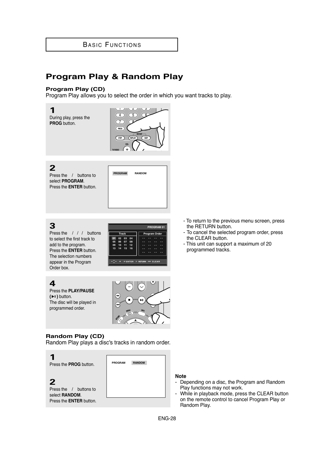 Samsung DVD-HD850/XSV manual Program Play & Random Play, Random Play CD, During play, press Prog button 