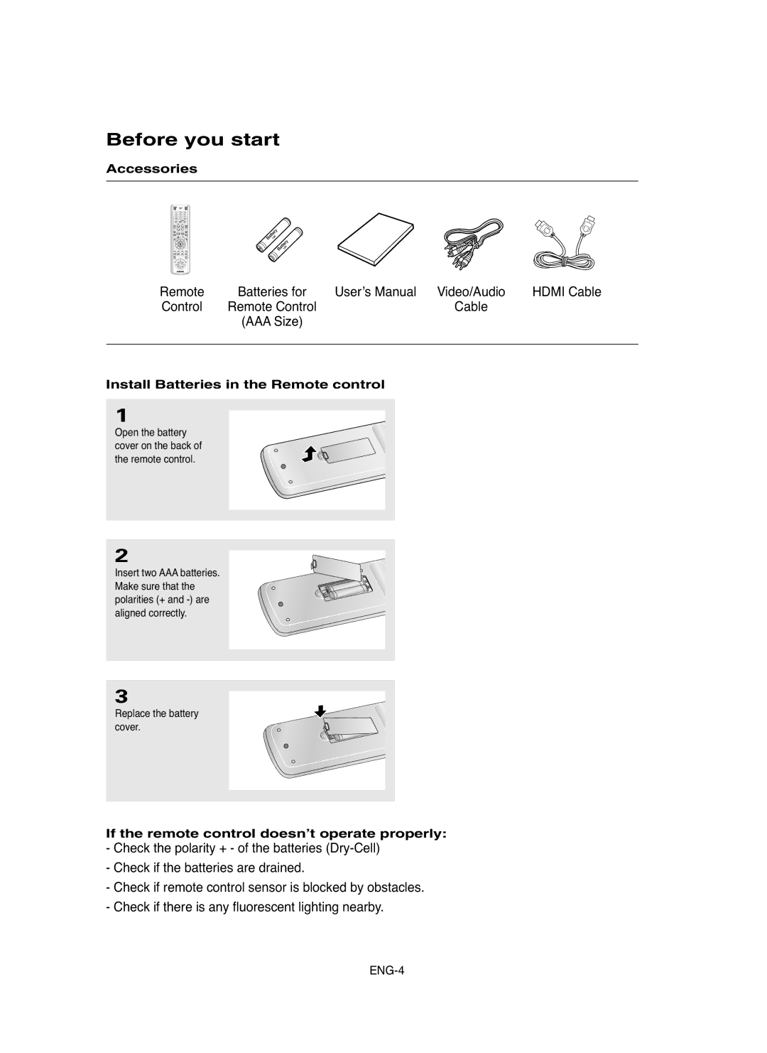 Samsung DVD-HD850/XSV Before you start, Accessories, Install Batteries in the Remote control, Replace the battery cover 