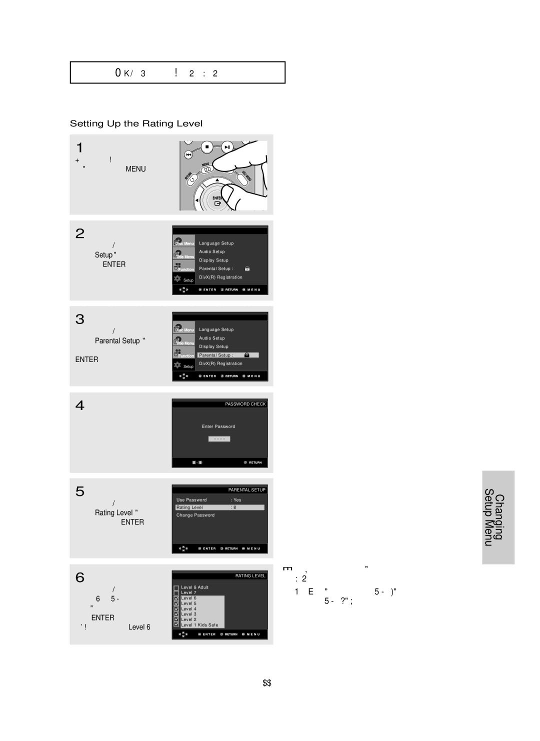 Samsung DVD-HD850/XSV manual Setting Up the Rating Level, √ or Enter button Setting up in Level 