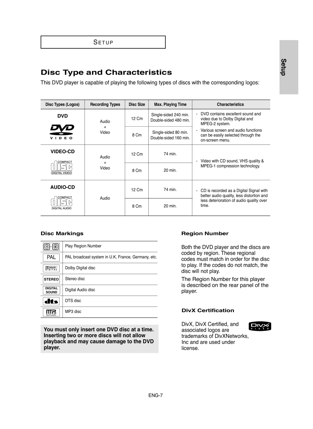 Samsung DVD-HD850/XSV manual Disc Type and Characteristics, Disc Markings, Region Number, DivX Certification 