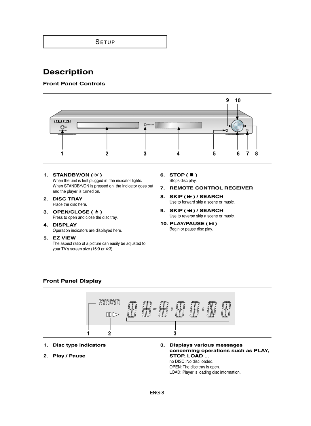 Samsung DVD-HD850/XSV manual Description, Front Panel Controls, Front Panel Display 