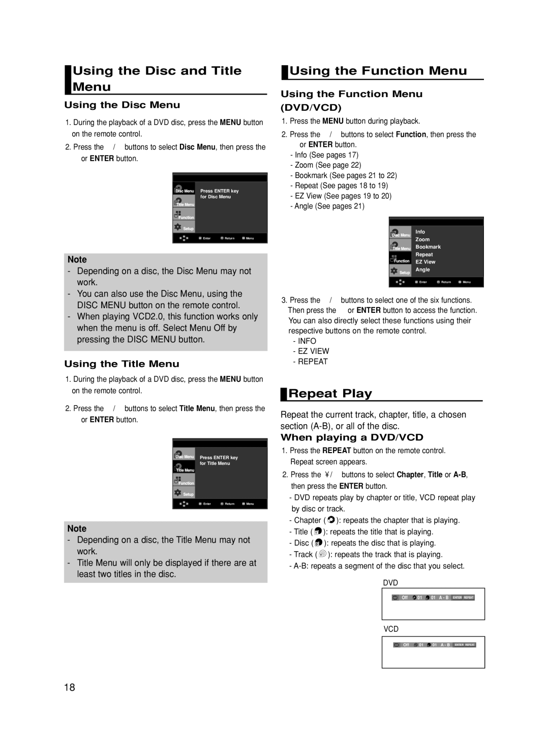 Samsung DVD-HD860 manual Using the Disc and Title Menu, Using the Function Menu, Repeat Play 