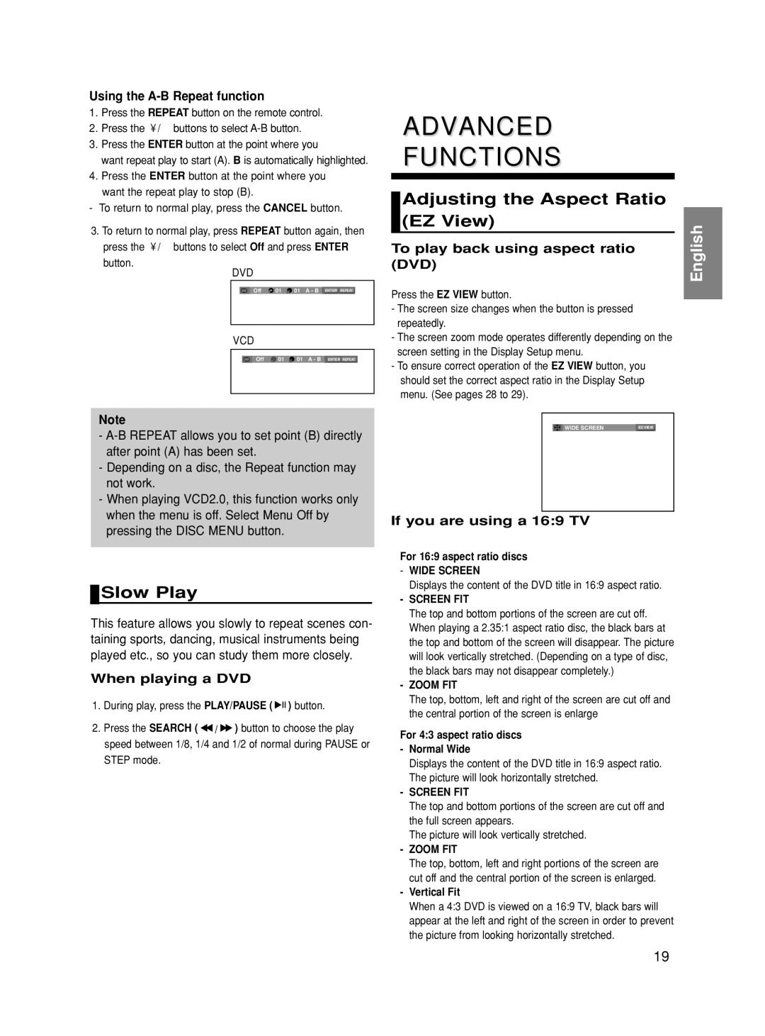 Samsung DVD-HD860 manual Advanced Functions, Adjusting the Aspect Ratio EZ View, Slow Play 