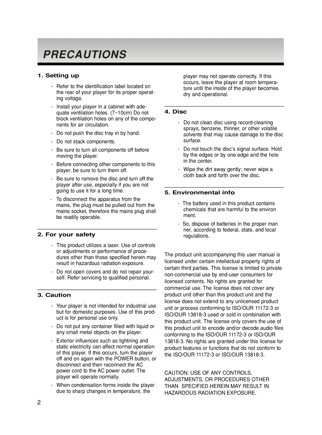 Samsung DVD-HD860 manual Precautions, Setting up, For your safety, Disc, Environmental info 