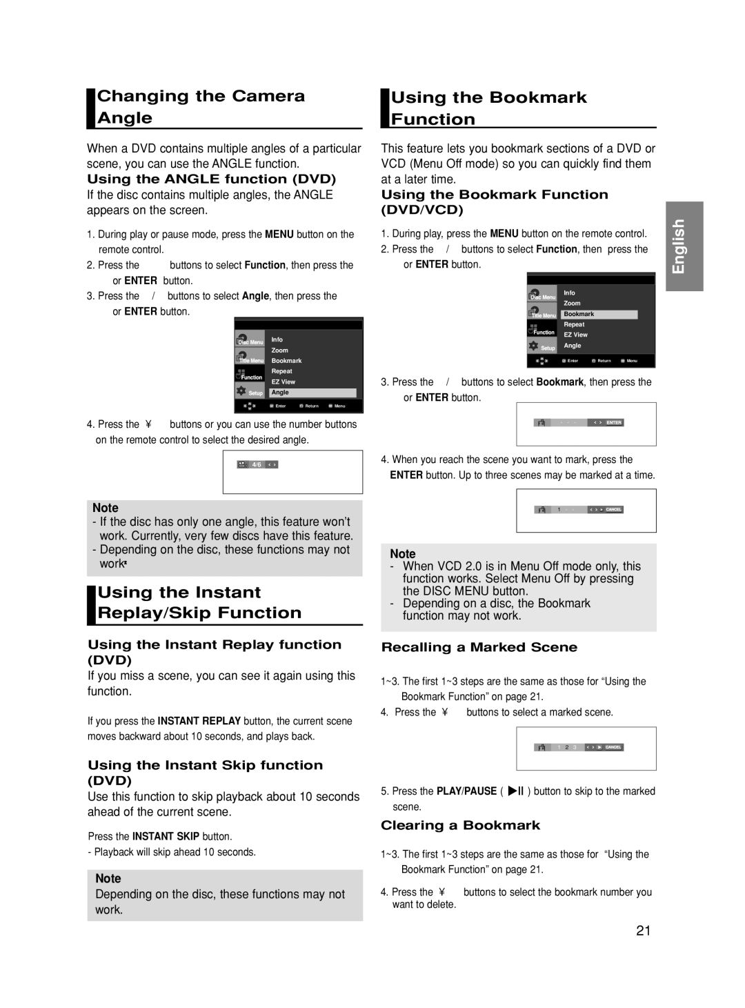 Samsung DVD-HD860 manual Changing the Camera Angle, Using the Bookmark Function, Using the Instant Replay/Skip Function 