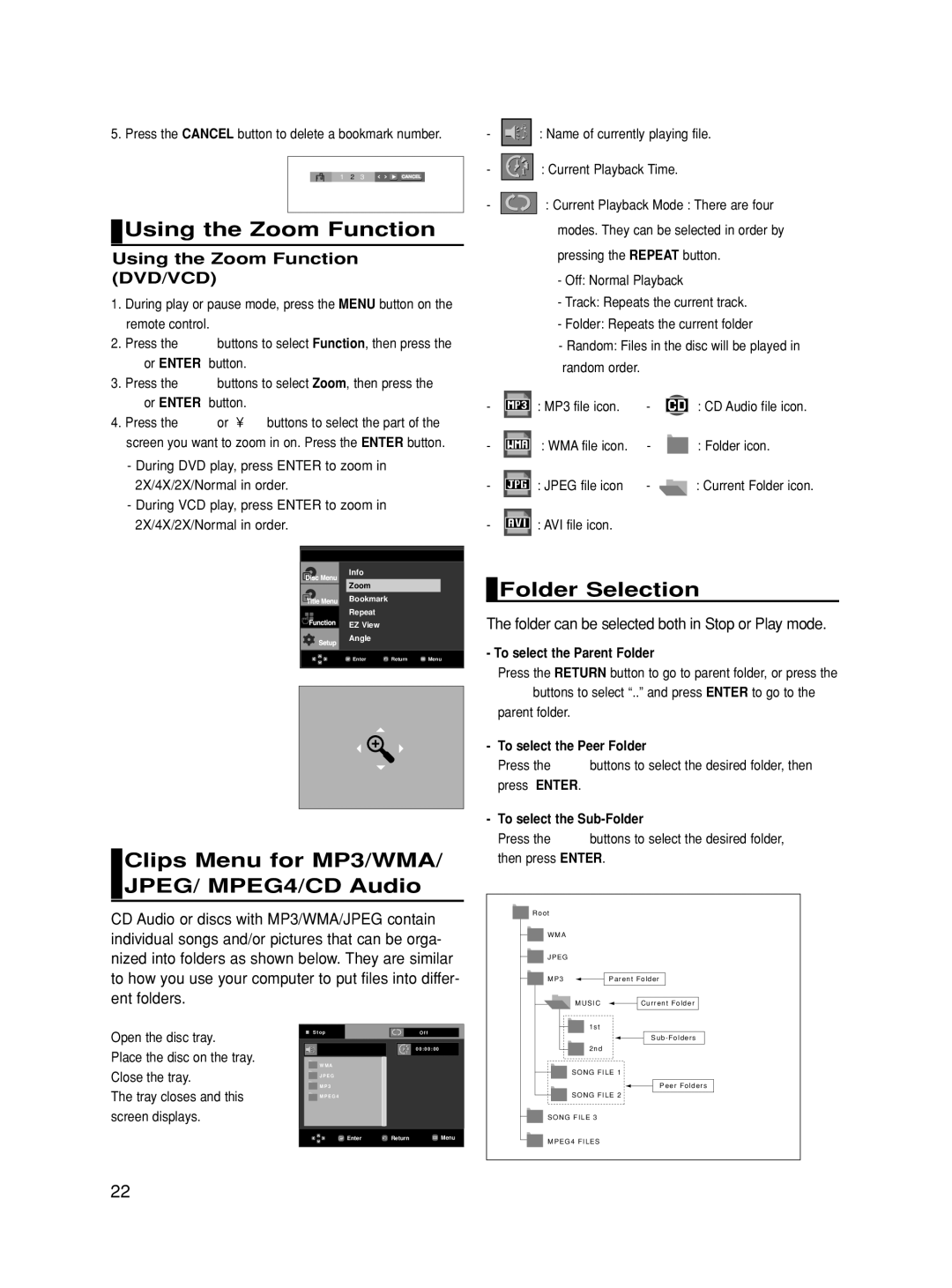 Samsung DVD-HD860 manual Using the Zoom Function, Clips Menu for MP3/WMA/ JPEG/ MPEG4/CD Audio, Folder Selection 