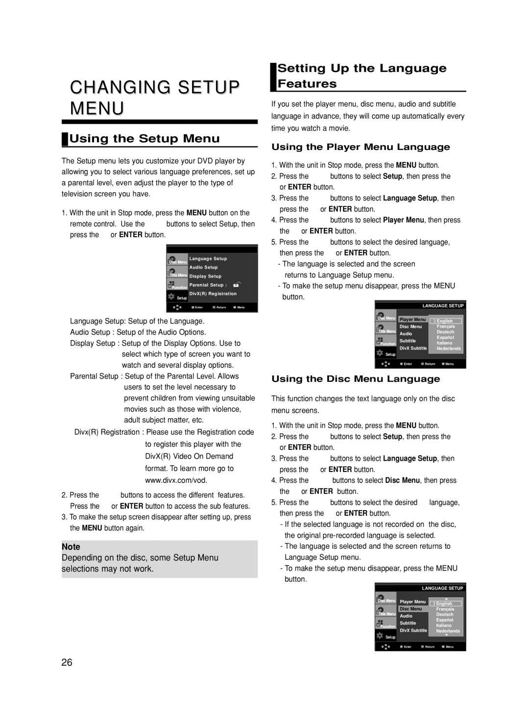 Samsung DVD-HD860 manual Changing Setup Menu, Using the Setup Menu, Setting Up the Language Features 