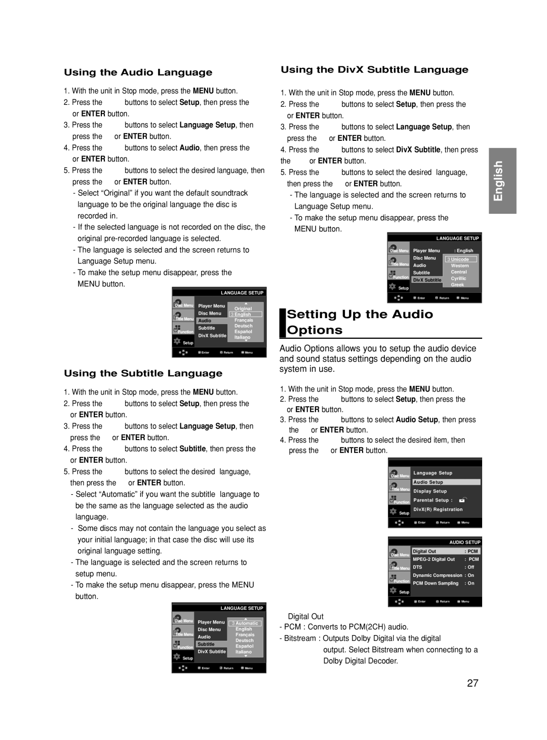 Samsung DVD-HD860 manual Setting Up the Audio Options, Using the Audio Language, Using the Subtitle Language 