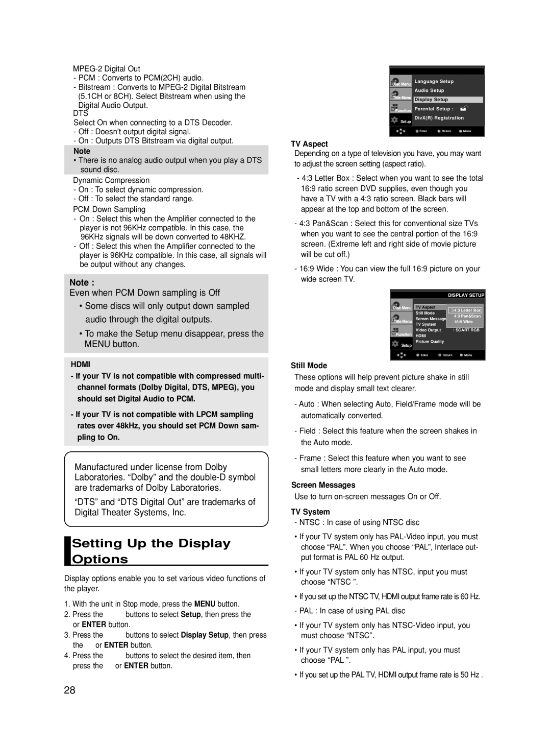 Samsung DVD-HD860 manual Setting Up the Display Options, Hdmi 