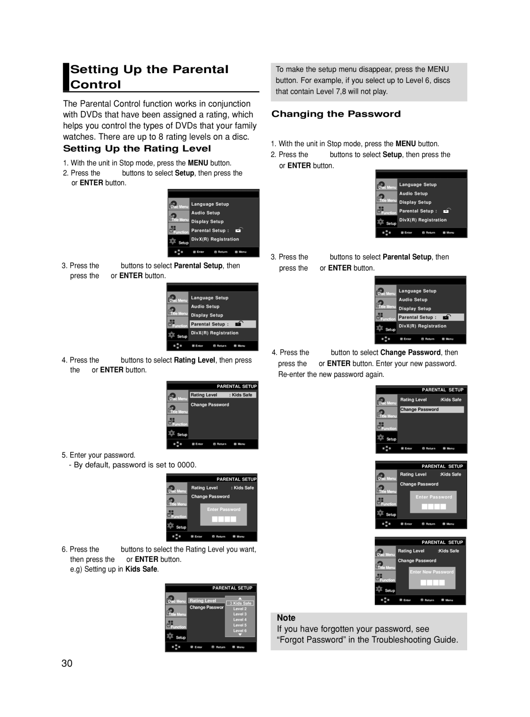 Samsung DVD-HD860 manual Setting Up the Parental Control, Setting Up the Rating Level, Changing the Password 