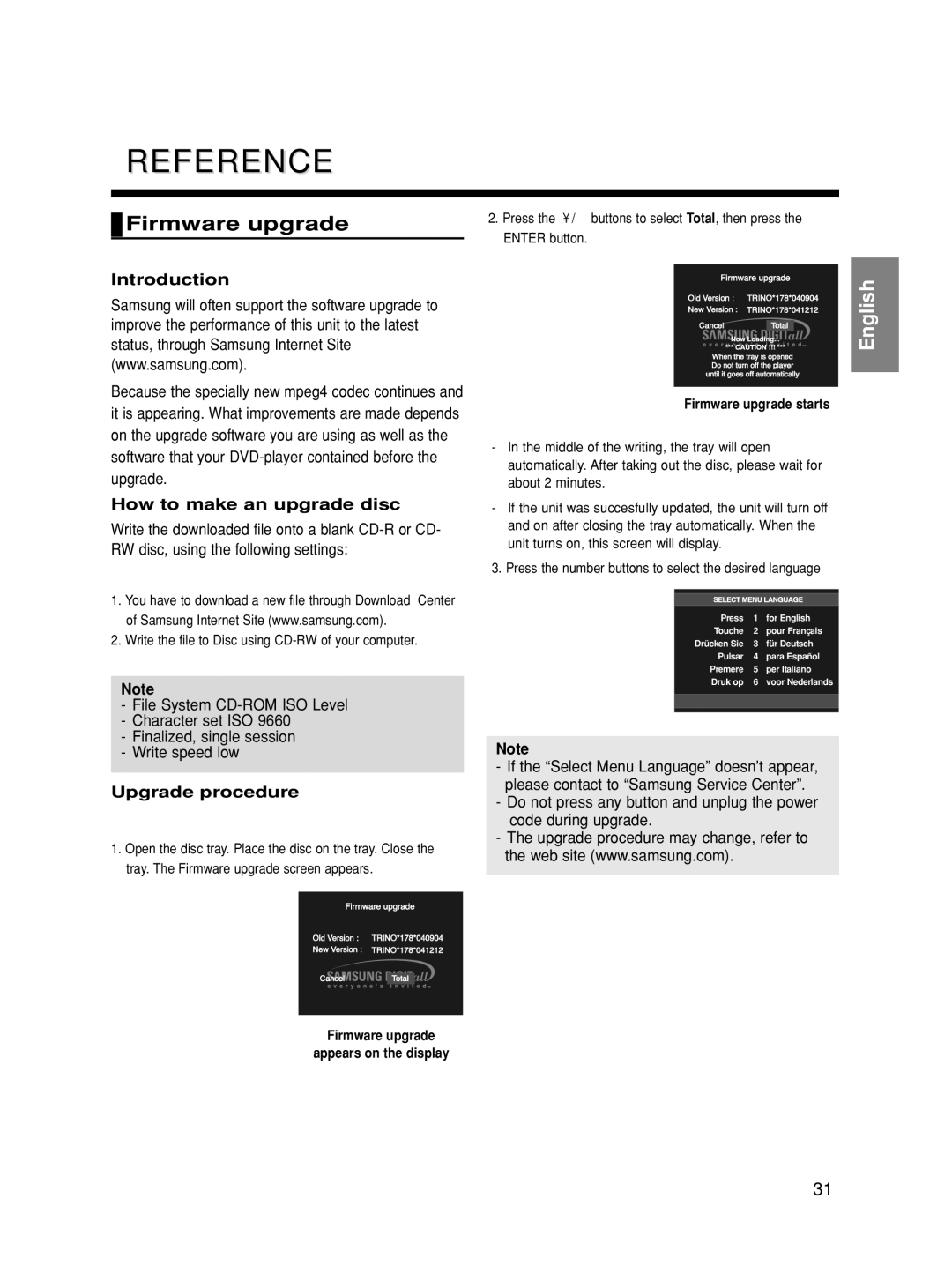 Samsung DVD-HD860 manual Reference, Firmware upgrade, Introduction, How to make an upgrade disc, Upgrade procedure 