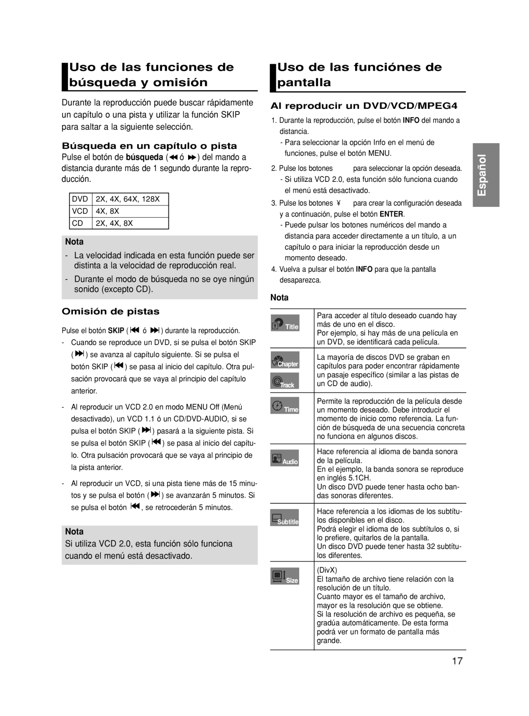 Samsung DVD-HD860/XEC Uso de las funciones de búsqueda y omisión, Uso de las funciónes de pantalla, Omisión de pistas 