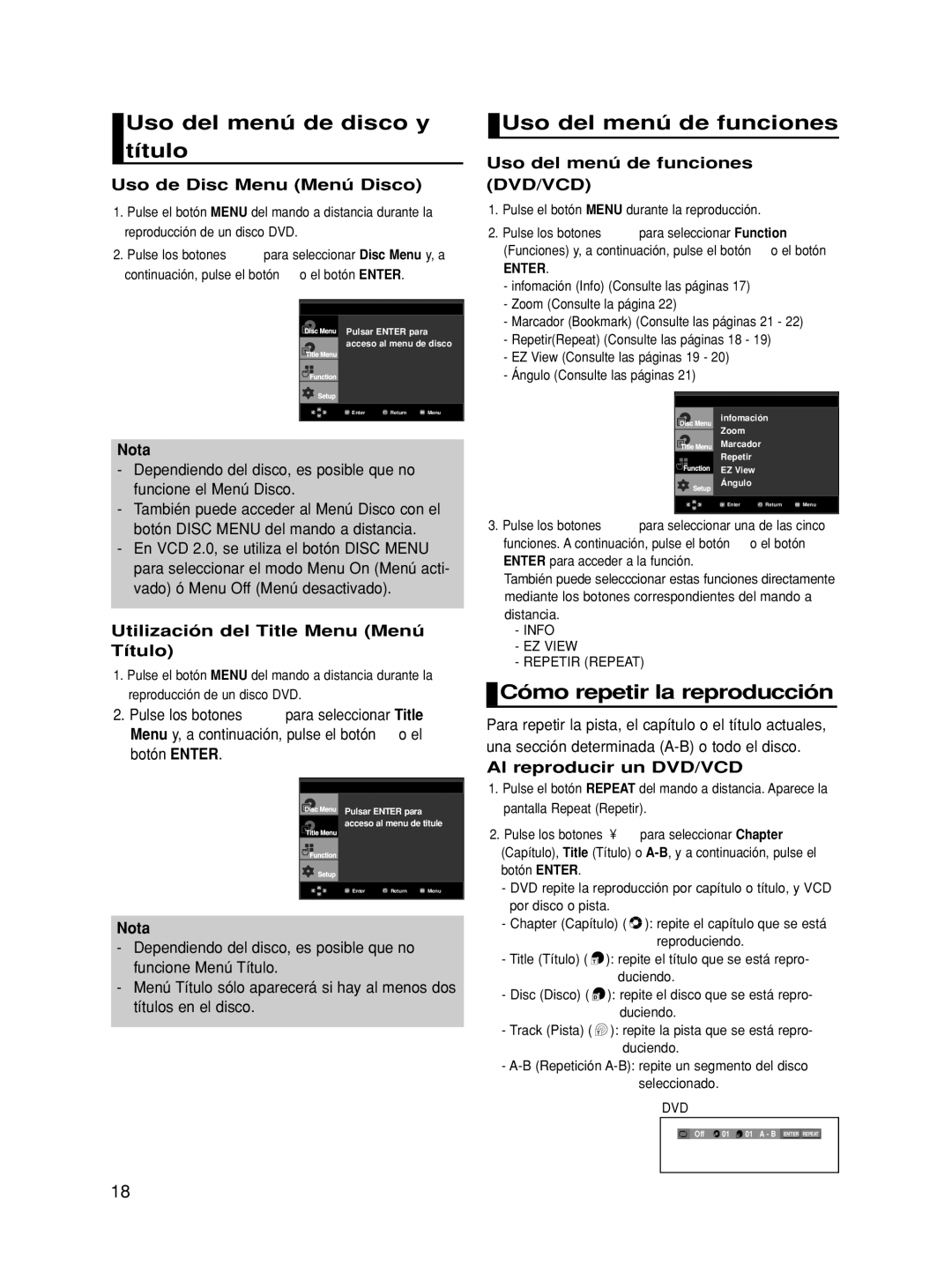 Samsung DVD-HD860/XEC manual Uso del menú de disco y título, Uso del menú de funciones, Cómo repetir la reproducción 