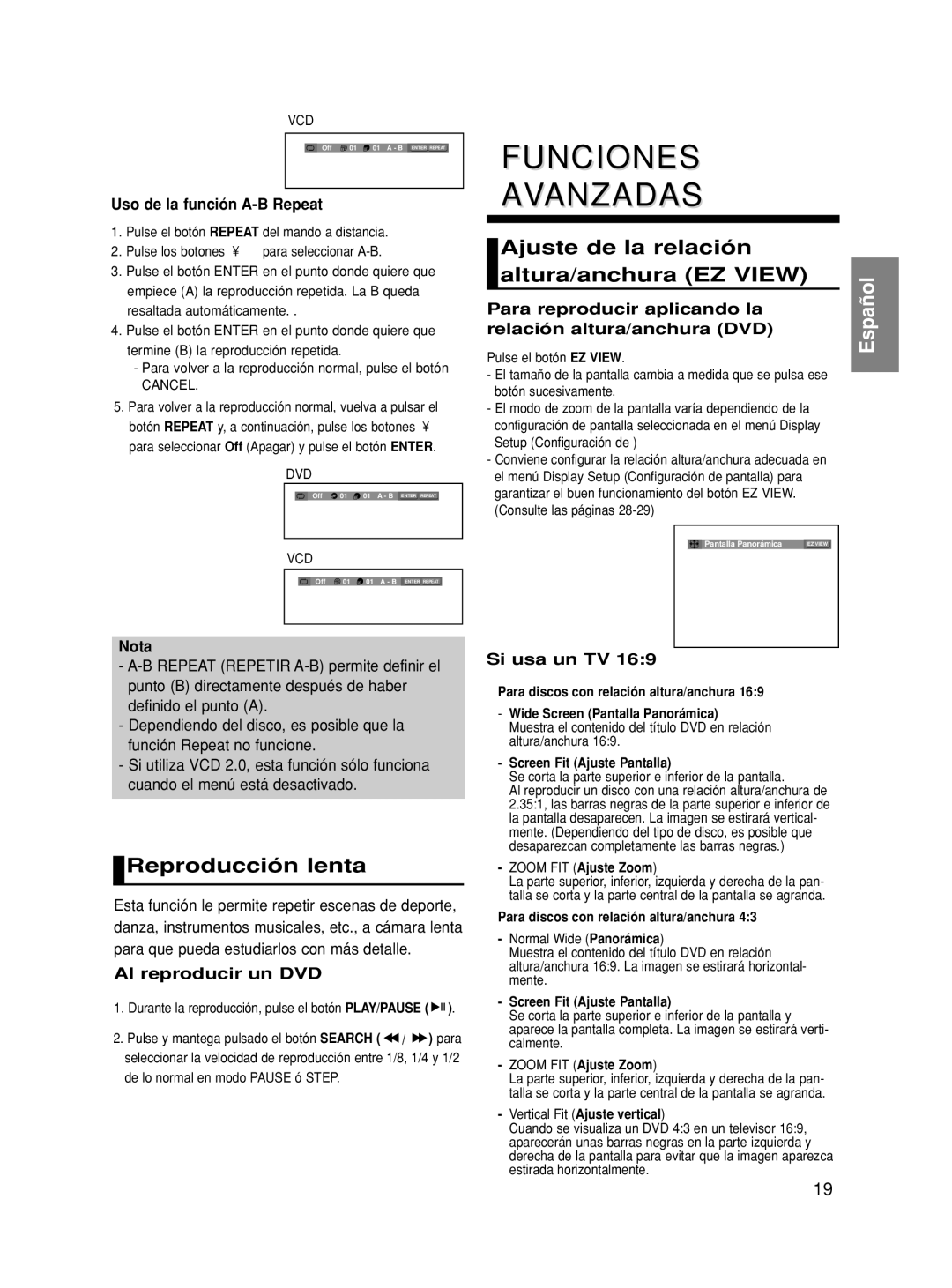 Samsung DVD-HD860/XEC manual Funciones Avanzadas, Reproducción lenta, Ajuste de la relación altura/anchura EZ View 