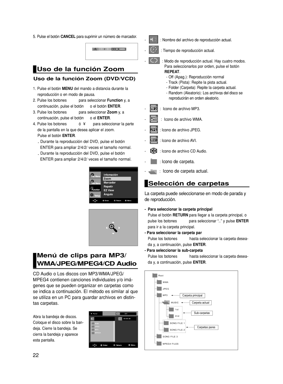 Samsung DVD-HD860/XEC manual Uso de la función Zoom, Menú de clips para MP3/ WMA/JPEG/MPEG4/CD Audio, Selección de carpetas 