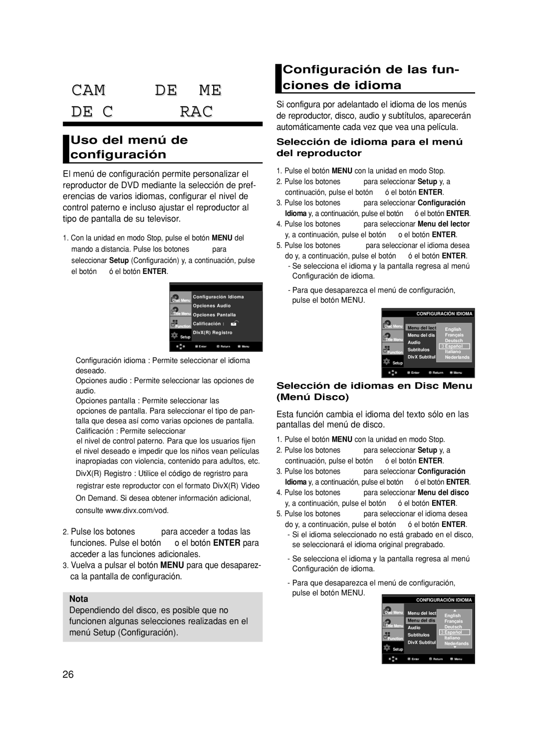 Samsung DVD-HD860/XEC manual Cambio DEL Menú DE Configuración, Uso del menú de configuración 