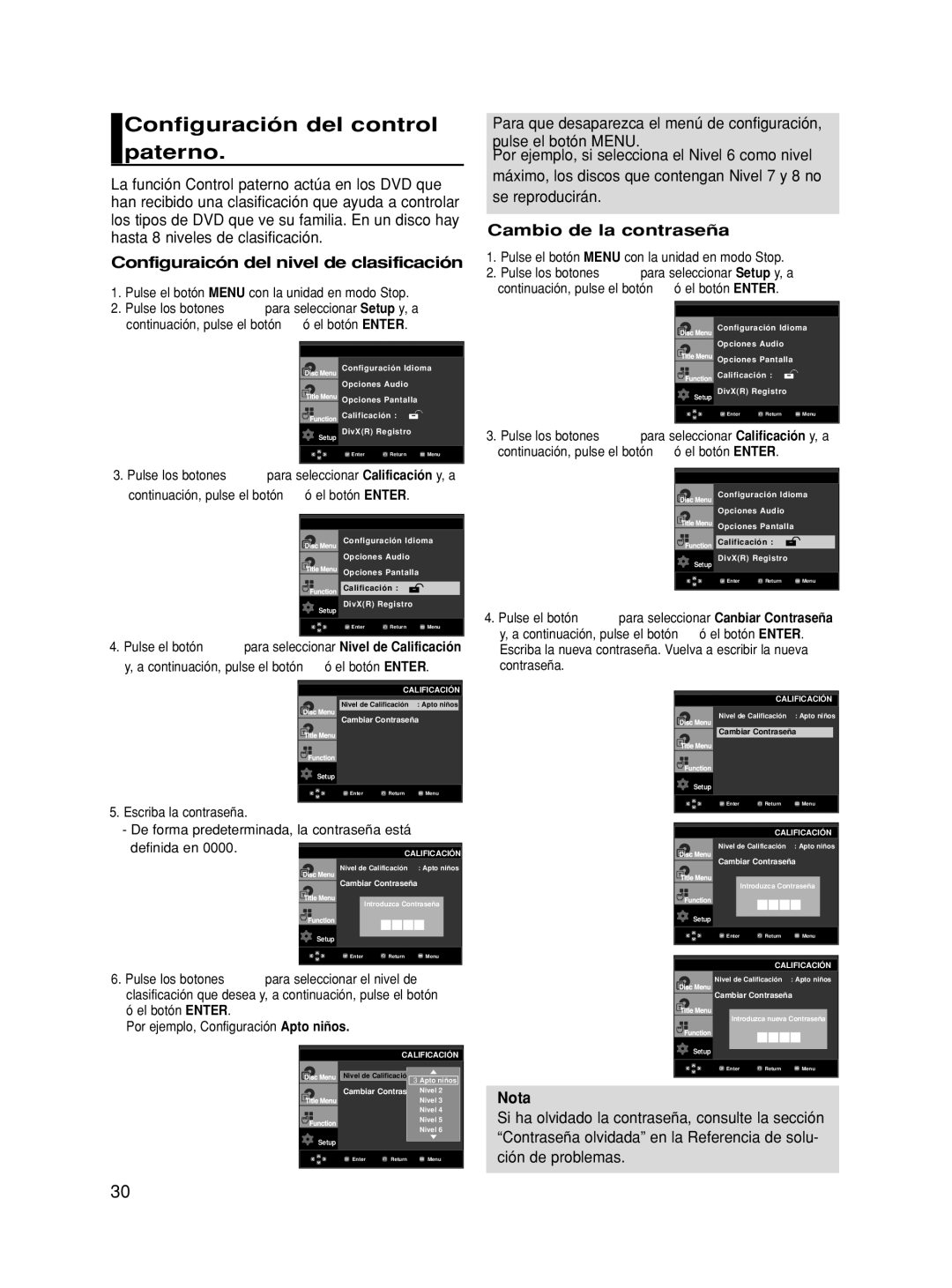 Samsung DVD-HD860/XEC Configuración del control paterno, Configuraicón del nivel de clasificación, Cambio de la contraseña 