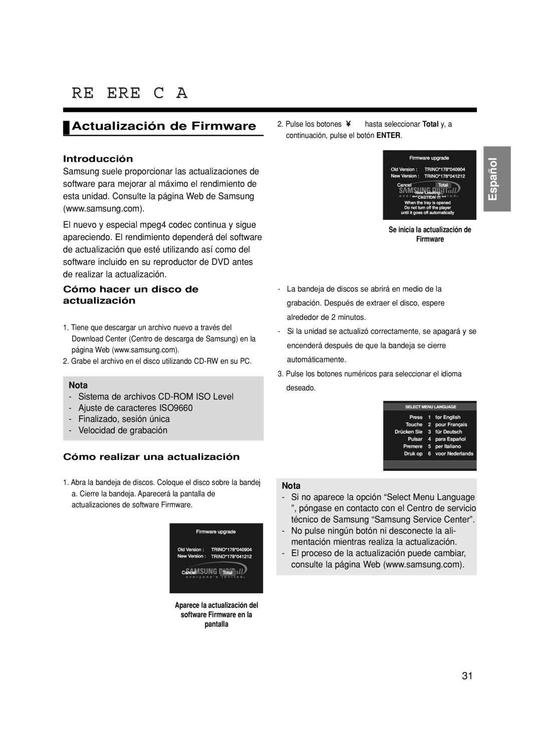 Samsung DVD-HD860/XEC manual Referencia, Actualización de Firmware, Introducción, Cómo hacer un disco de actualización 