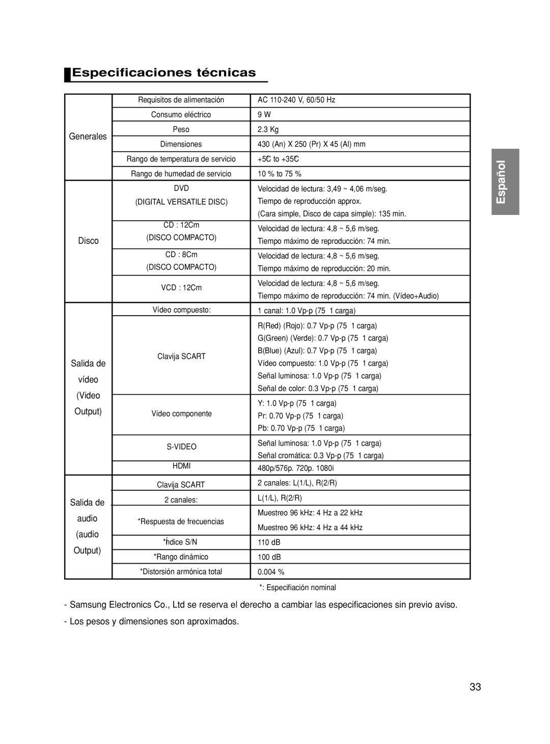 Samsung DVD-HD860/XEC manual Especificaciones técnicas 