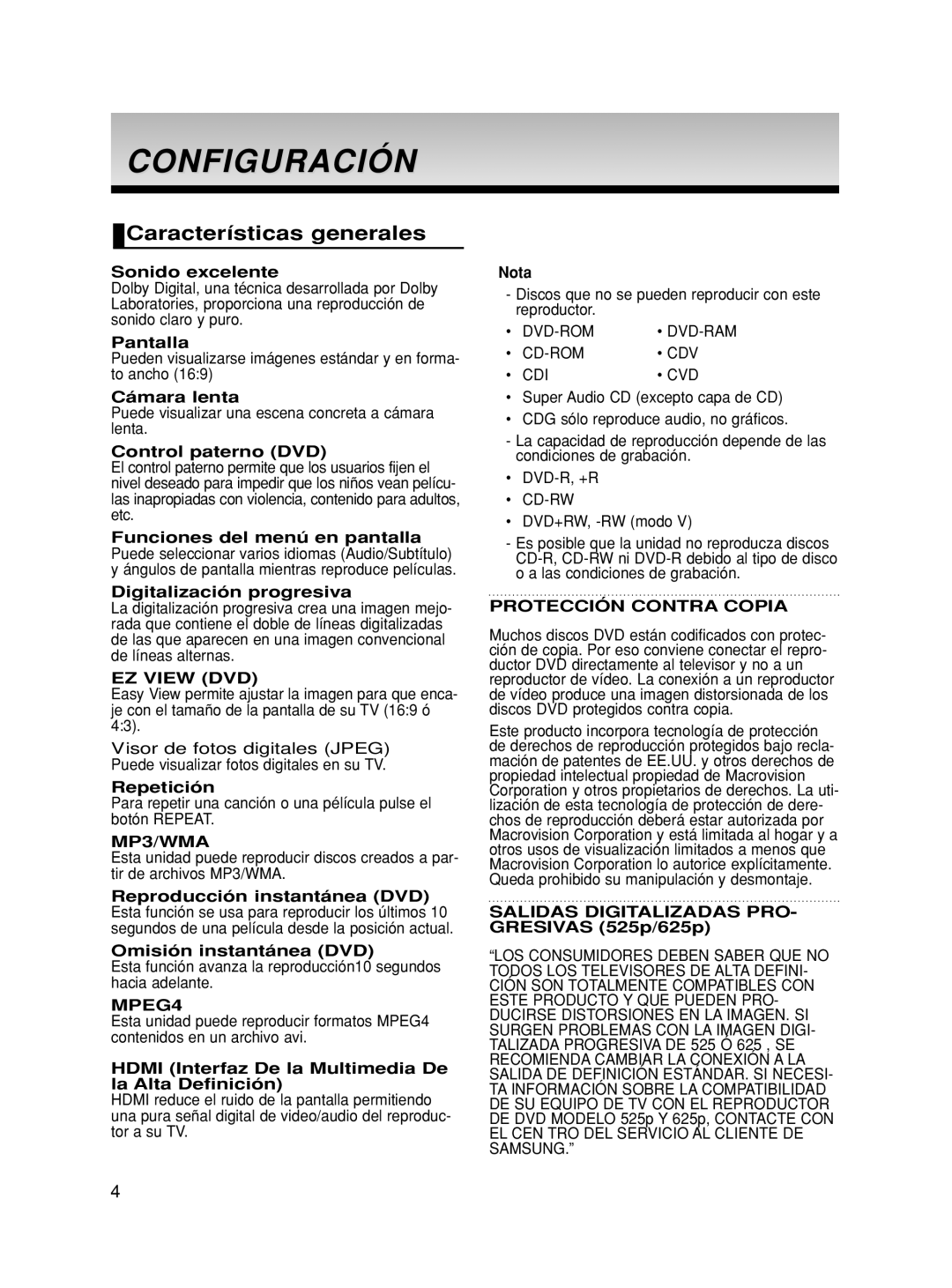 Samsung DVD-HD860/XEC manual Configuración, Características generales 